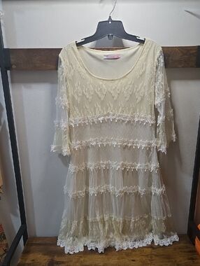 Elegant Cream Lace Midi Dress with Tiered Sheer Overlay